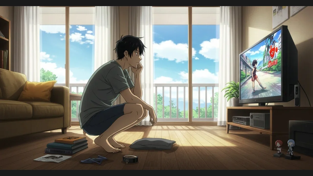 An anime character crouching in a living room watching an anime on television