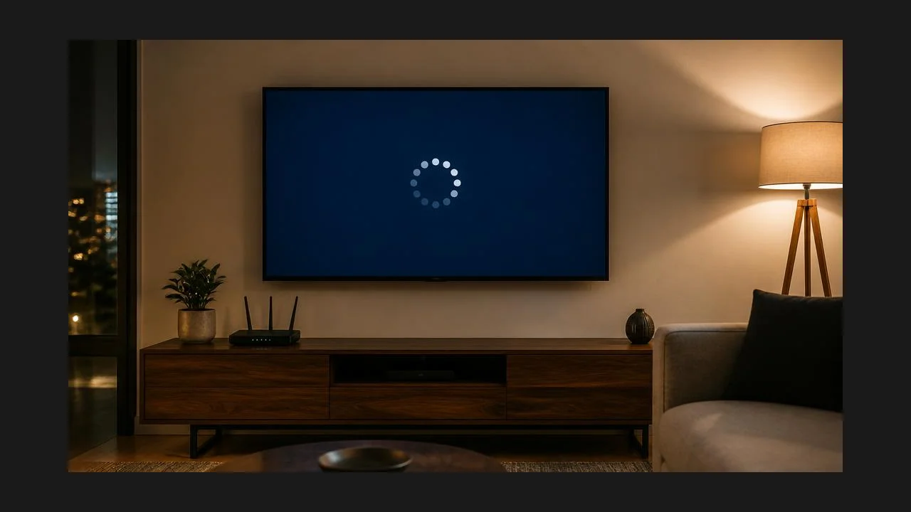 A television in a living room showing a loading spinner on a dark screen