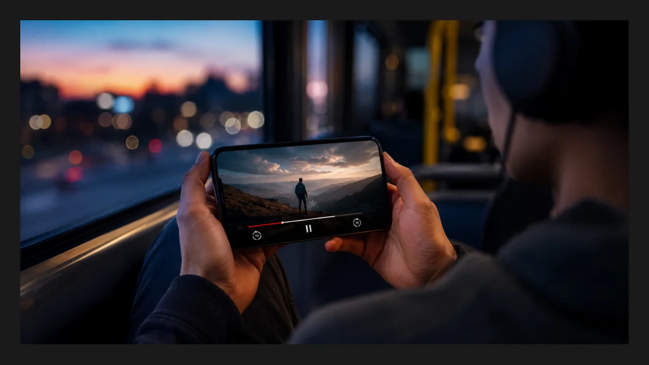 A person holding a phone watching a movie while travelling in a vehicle at dusk